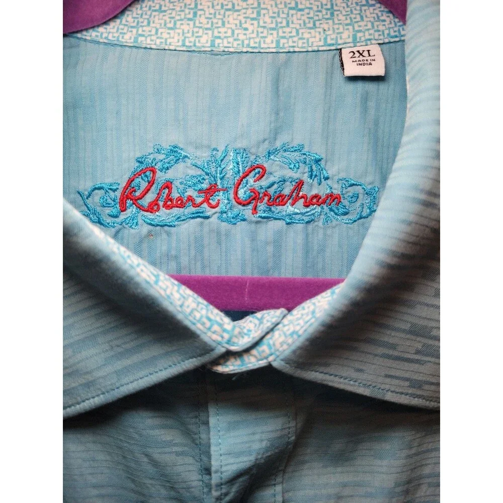 Robert Graham Short Sleeve Turquoise Blue Geometric Pattern Men's 2XL